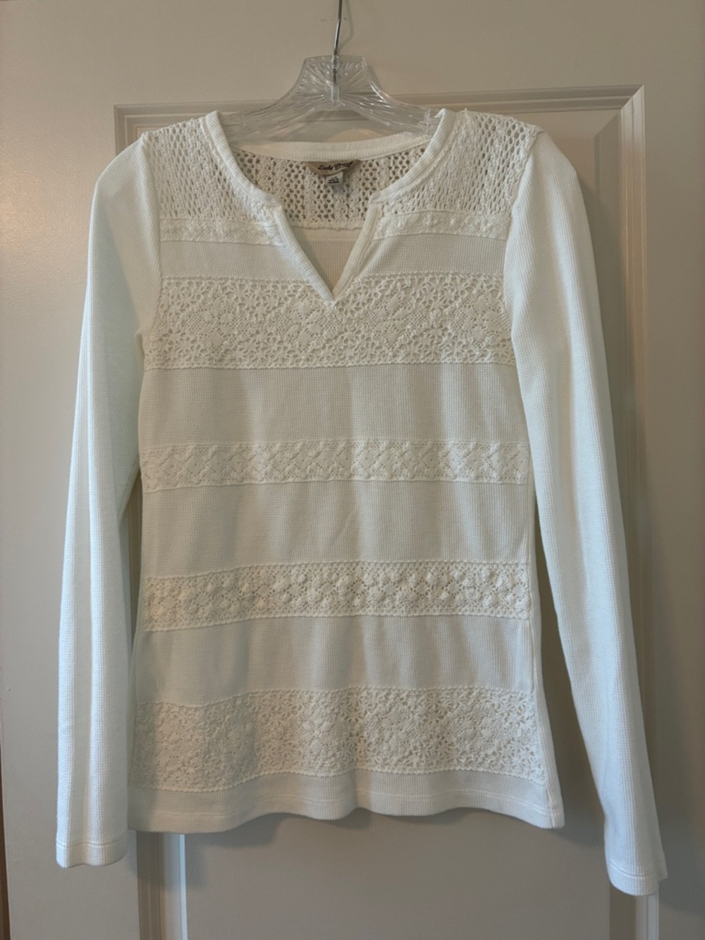 Lucky Brand White Long Sleeve Crochet Stripe Tee